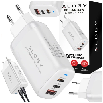 Alogy GaNCharge Compact 3in1 Wall Charger Fast Charging GaN3 65W USB-A 30W 2x USB-C 65W White