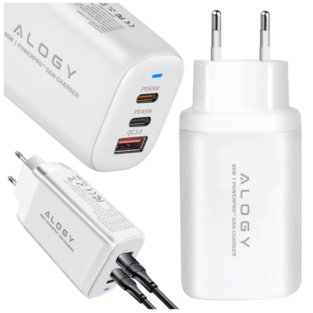 Alogy GaNCarge Kompaktní nástěnná nabíječka 3v1 rychlé nabíjení GaN3 65W USB-A 30W 2x USB-C 65W bílá