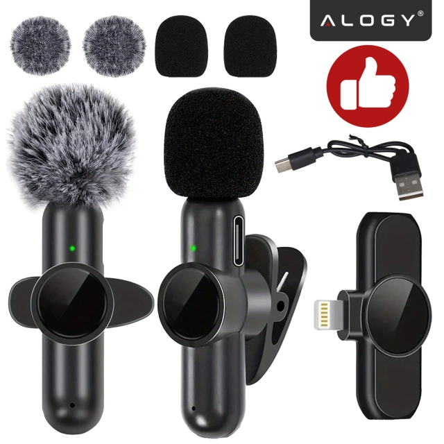 Wireless Microphone 2x Set - Lightning to iPhone, Noise Cancelling, Lightweight Design, Range Up to 20 Meters - 2x Lapel Microphone with Fur Cover, Phone Receiver - Alogy DualVoice™ Black