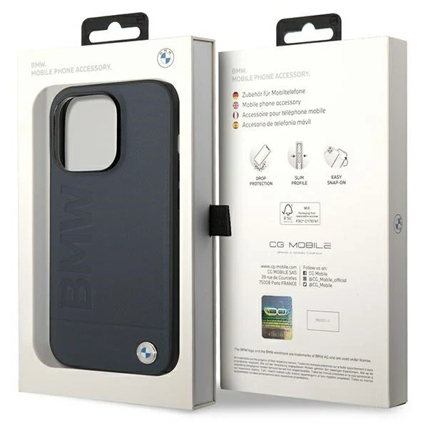 BMW BMHMP14LSLLNA Puzdro na telefón pre Apple iPhone 14 Pro 6,1" námornícke/námornícke pevné puzdro Leather Hot Stamp MagSafe