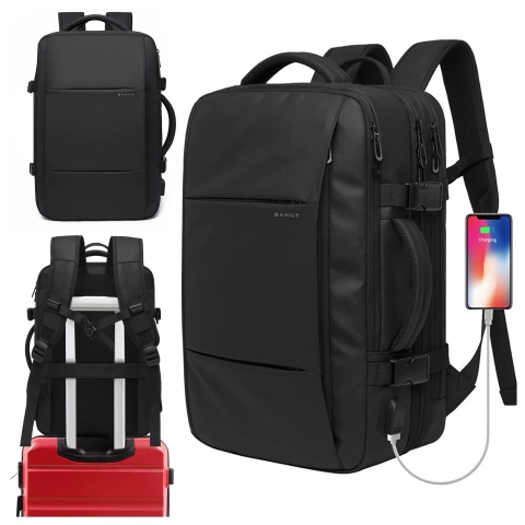 Bange voděodolný batoh na 15,6" notebook, městský cestovatel, 45x30x16 cm, do práce, do letadla, pánské, dámské, s USB portem Černá