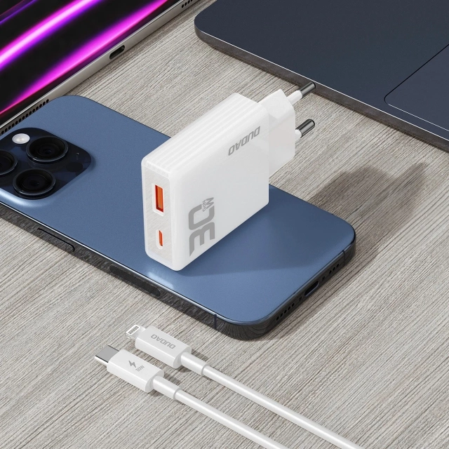 Dudao A30EUL GaN настінний зарядний пристрій 30 Вт USB-A / USB-C кабель USB-C - Lightning - білий