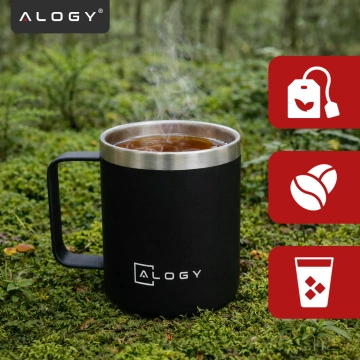 Thermal mug 420 ml with a handle and lid for coffee, tea, steel, cold and hot drinks, Alogy Black