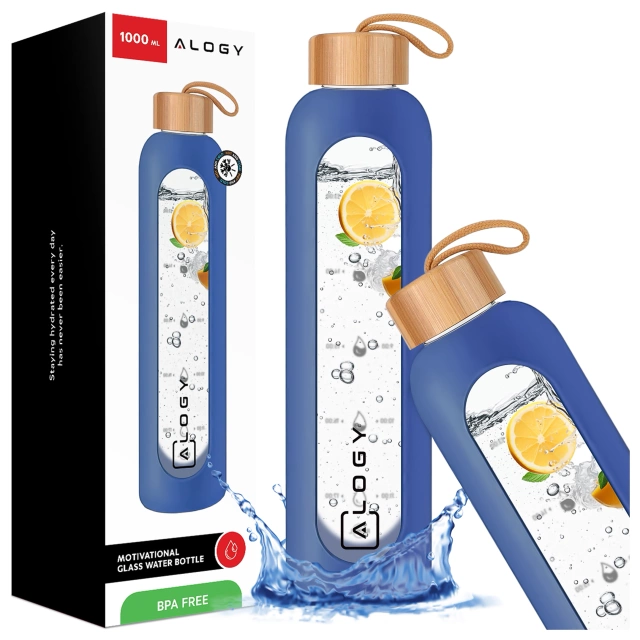 Alogy Large Glass Bottle Drinking Bottle Motivational Measuring Cup 1l 1000ml Silicone Case Blue