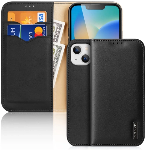 Dux Ducis Hivo leather case with a flap cover made of genuine leather wallet for cards and documents iPhone 14 Plus black