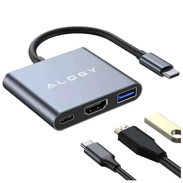 Adapter przejściówka HUB 3w1 USB-C na HDMI USB-A USB-C 4K 60Hz Alogy szary