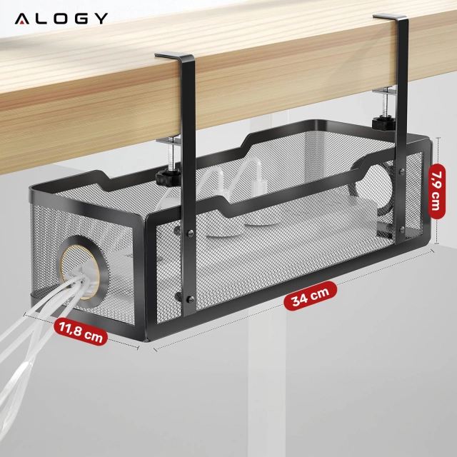 Organizér na káble pod stolovú dosku, polica na káble, káblové lišty, stolová doska, kovový stôl, Alogy 34cm Čierna