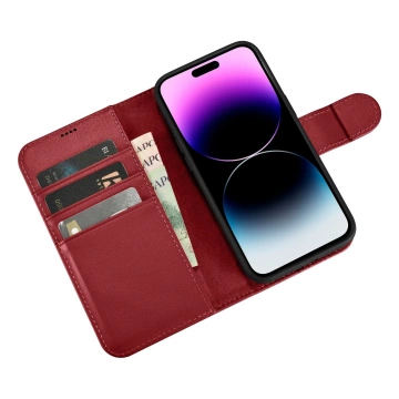 Kožené puzdro na peňaženku iCarer 2 v 1 pre iPhone 14 Pro Max, vyklápacie, anti-RFID červené