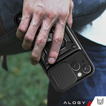 Броньований чохол для iPhone 15 Camshield Case Ring Alogy Stand з кришкою камери, чорний