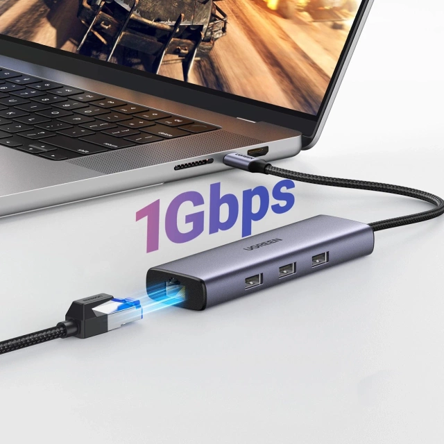 HUB 6v1 Ugreen CM512 USB-C HDMI RJ45 3xUSB-A PD 100W šedý