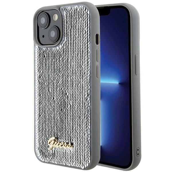 Etui Guess GUHCP15SPSFDGSS für iPhone 15 6,1" Silber/Silber Hardcase Pailletten Script Metal