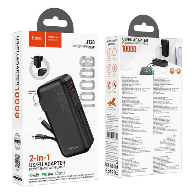 HOCO Powerbank 10000 mAh J126 Schwarz mit EU/US-Buchse und Typ-C-Lightning-Kabel