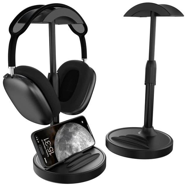 Desk Stand Headphone Hook Holder Adjustable for Desk with Phone Stand Hanger Hook Alogy Black