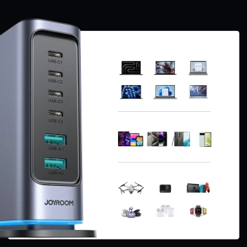 Багатопортовий зарядний пристрій Joyroom 65 Вт GaN, 4x USB-C, 2x USB-A, темно-сірий