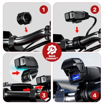 Nabíjačka na motocykel Kewig USB-A 18W, rýchle nabíjanie QC, vodotesná IP65 s vypínačom a LED podsvietením, upevnenie na riadidlá, pre telefón, kameru, interkom – čierna