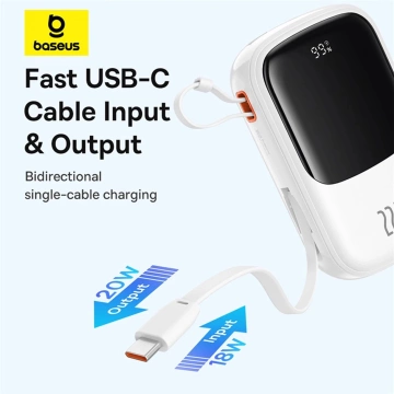 Батарея живлення Baseus Qpow Pro 20000mAh 22,5W із вбудованим кабелем USB-C і дисплеєм - білий