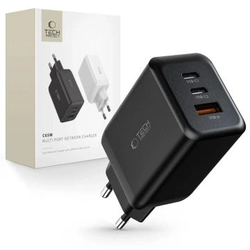 C65W 3-PORTOVÁ síťová nabíječka PD65W/QC3.0 2-USB-C porty 1 USB-A port Černá