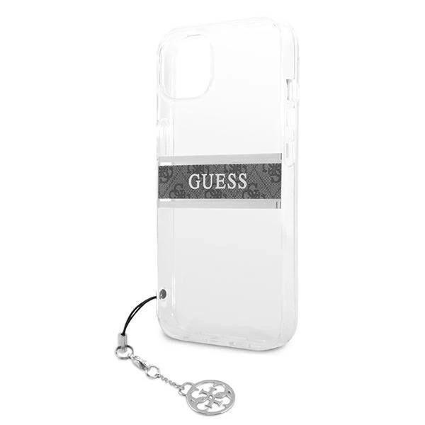 Guess GUHCP13SKB4GGR iPhone 13 mini 5,4" Transparentné pevné puzdro 4G Grey Strap Charm