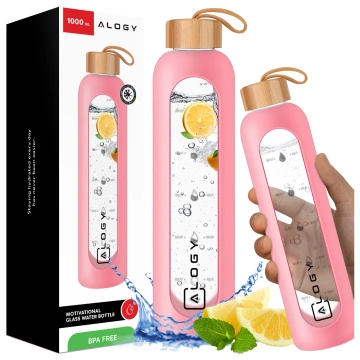 Alogy Large Glass Bottle Drinking Bottle Motivational Measuring Cup 1l 1000ml Silicone Case Pink