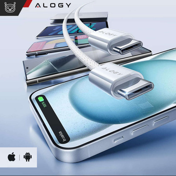 USB-C-Typ-C-Kabel, stark, schnell, PD, 2 m, für iPhone 15, Alogy-Nylonkabel, Weiß
