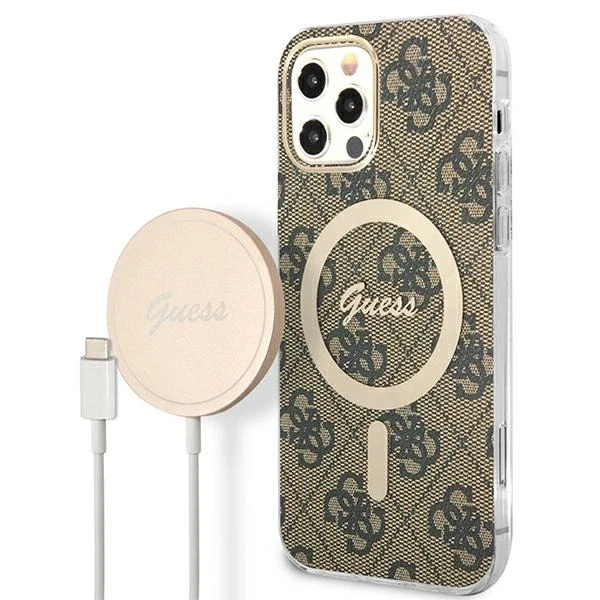 Nabíječka pouzdra Zestaw Guess GUBPP12MH4EACSW iPhone 12/12 Pro brązowy/hnědé pevné pouzdro 4G MagSafe Print