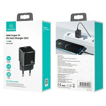"USAMS nástenná nabíjačka 1xUSB-C T45 mini 30W (iba hlava) PD3.0 rýchle nabíjanie čierna/čierna CC148TC01 (US-CC148)"