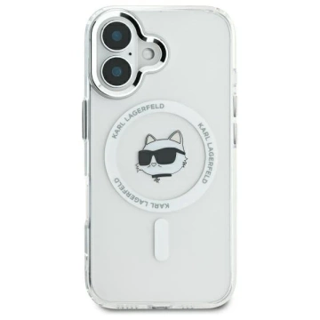 Karl Lagerfeld Hülle für iPhone 16 Plus 6,7 Zoll, weißes MagSafe Hardcase IML-Metall-Choupette-Kopf