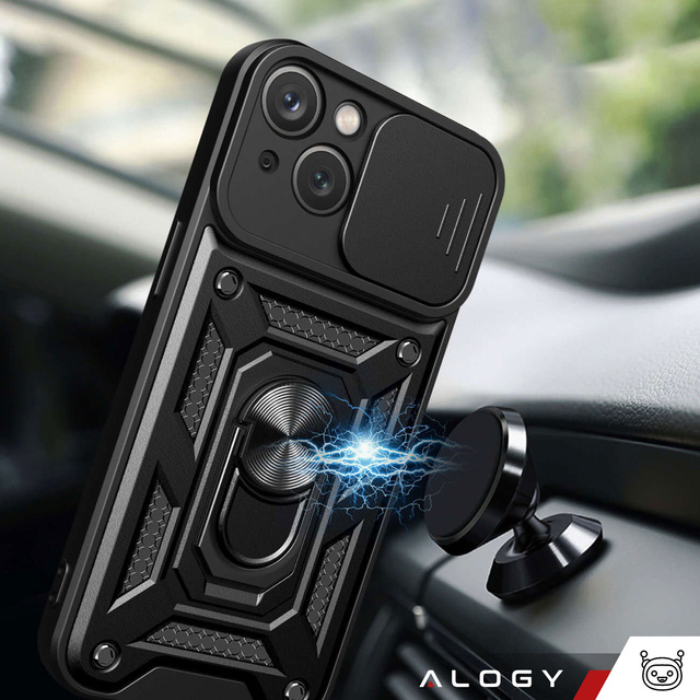 Armored case for iPhone 15 Plus Camshield Case Ring Alogy Stand with slide camera cover, black