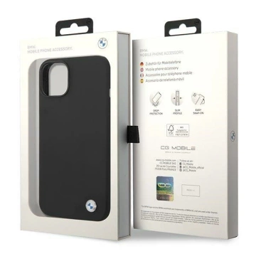 BMW BMHCP14MSILBK Handyhülle für Apple iPhone 14 Plus 6.7" schwarz/schwarzes Silikon-Metall-Logo
