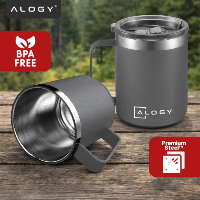 Termohrnček 420 ml s uškom a vrchnákom na kávu, čaj, oceľ, studené a teplé nápoje Alogy Grey