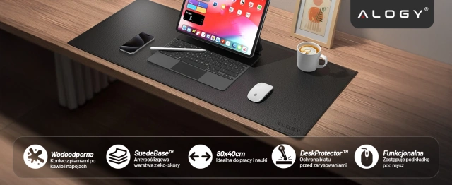 Desk pad 80×40 cm – anti-slip protective mat made of elegant PU eco-leather, for mouse and keyboard, stylish and durable – Alogy WorkMat™ Black