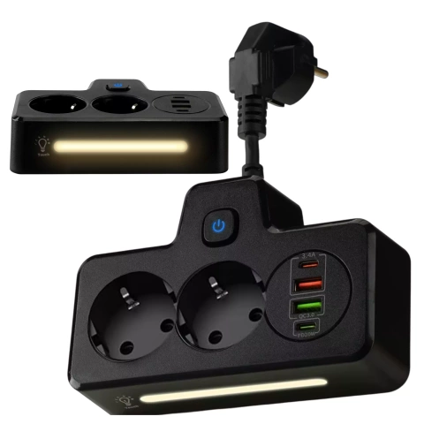 Alogy Plug Extender zásuvka splitter splitter adaptér predlžovací kábel 2x EU zástrčka 2x USB 2x USB-C Čierny