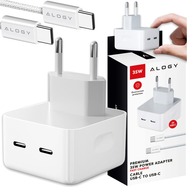 Rýchla 35W nástenná nabíjačka 2x USB-C USB typ C PD pre iPhone Type-C kábel 1m Alogy White