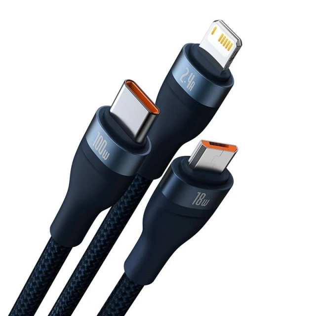 Kabel USB 3w1 Baseus Flash Series, USB-C micro USB Lightning, 100W, 1.2m (niebieski)