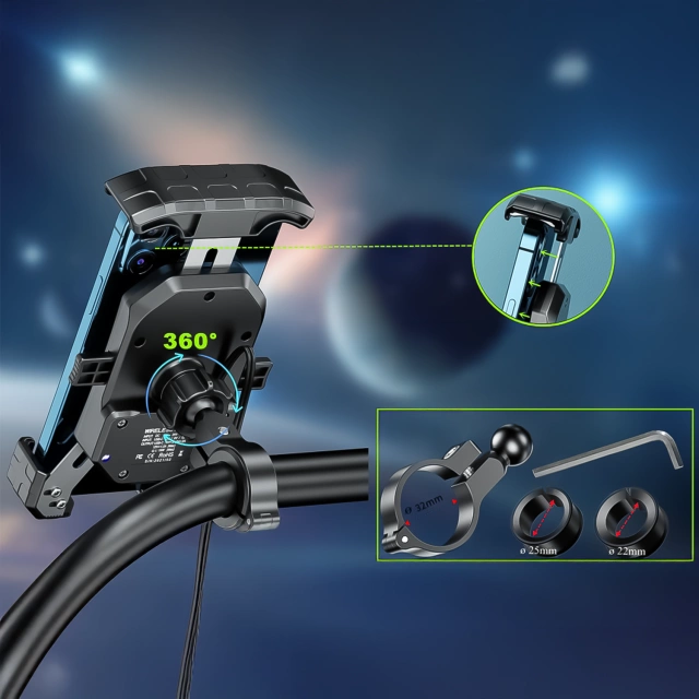 KEWIG M11B držiak na motorku pre telefón s QC 3.0 15W Qi nabíjačkou čierny