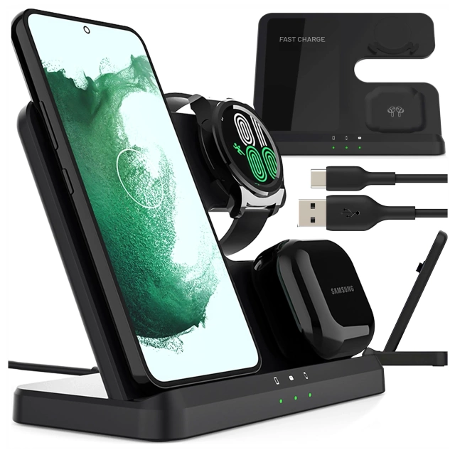 Bezdrôtová indukčná nabíjačka 3v1 Qi 3.0 Rýchla pre Samsung S22 S23 S24 Galaxy Watch Buds Station čierna