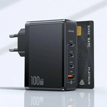 USAMS Nástenná nabíjačka 3xUSB-C 1xUSB GaN 100W T50 PD (iba hlava) Rýchle nabíjanie čierna/čierna CC163TC01 (US-CC163)