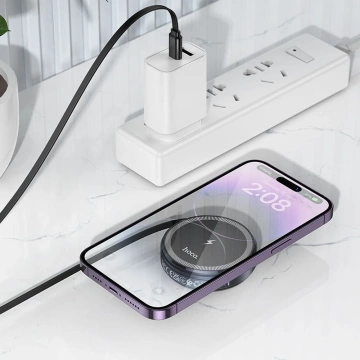 Бездротовий зарядний пристрій HOCO з висувним кабелем Type-C, сумісний з MagSafe та Apple Watch 15W CQ18 сірого кольору