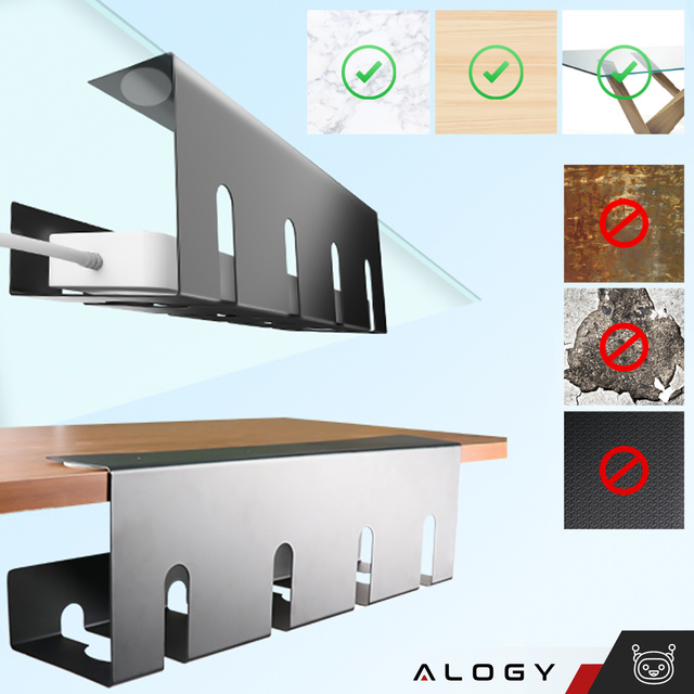 Cable organizer under the table top, cable shelf, strip, wires, table top, desk, aluminum holder, Alogy 40cm Black