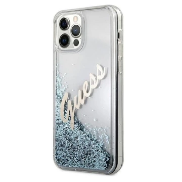 Guess GUHCP12LGLVSBL iPhone 12 Pro Max 6,7" černý/modrý pevný obal Glitter Vintage Script