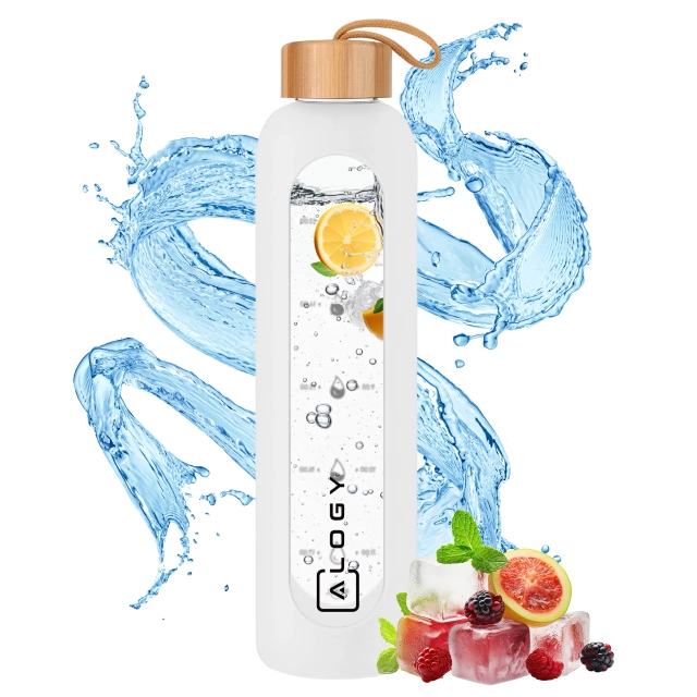 Große Glasflasche, Trinkflasche Alogy Motivational Messbecher 1l 1000ml, Silikonhülle Weiß