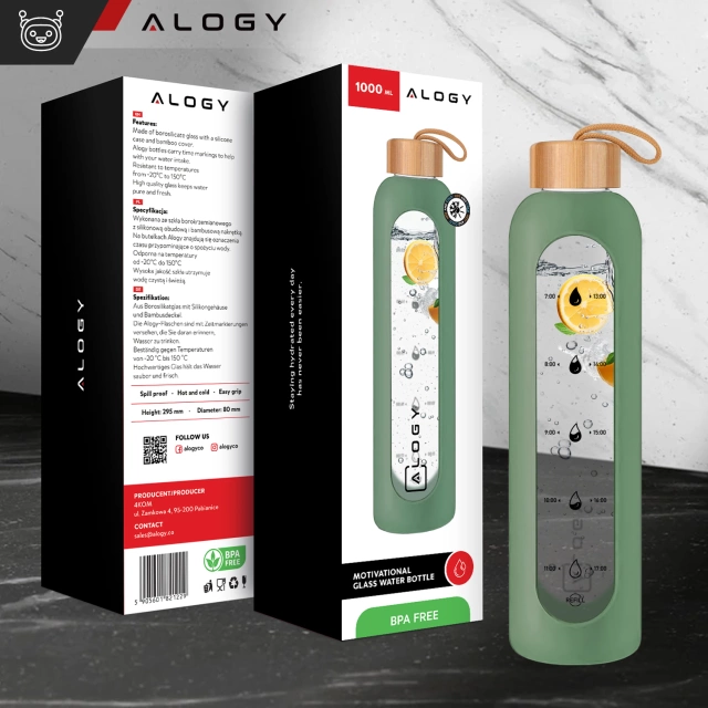 Veľká sklenená fľaša, fľaša na pitie Alogy Motivačná odmerka 1l 1000ml, silikónové puzdro Olive