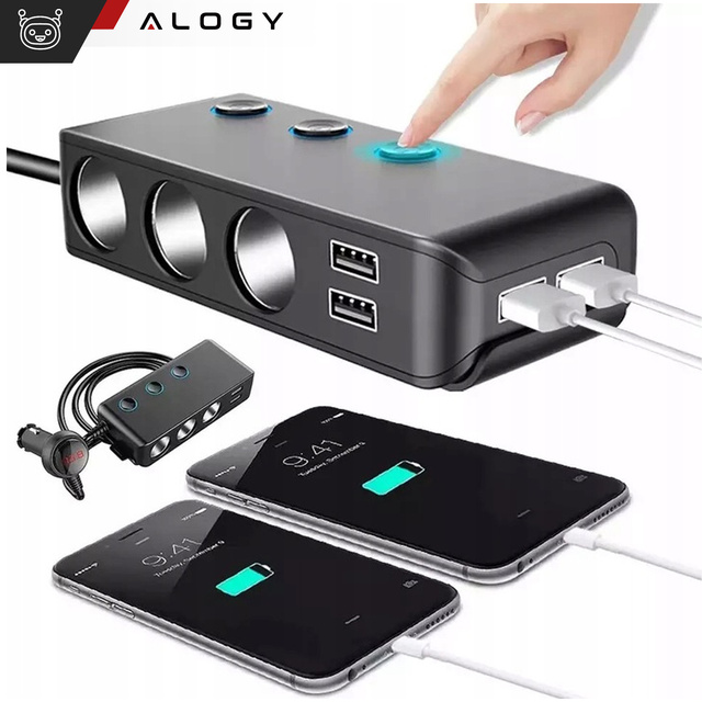 Cigarette lighter socket splitter x3 car 4x USB QC 12-24V Charger Adapter switch 120W Alogy Black