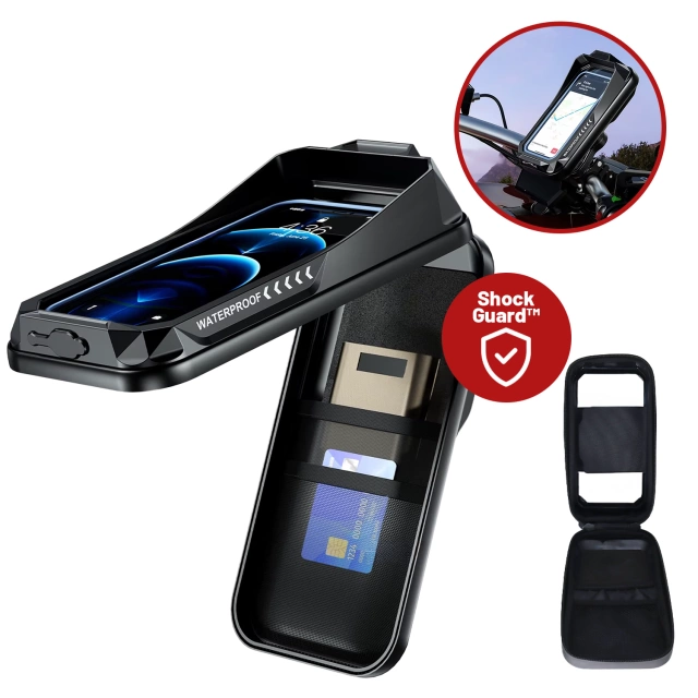 Držák na telefon na motocykl a kolo pro telefony do 7" Voděodolný, IP66 s dotykovou obrazovkou, s portem pro kabel, pro motocykly, kola, skútry, Kewigy - černý