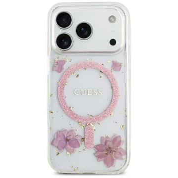 Etui Guess MagSafe do iPhone 17 Pro Resin Flowers Glitter Pink