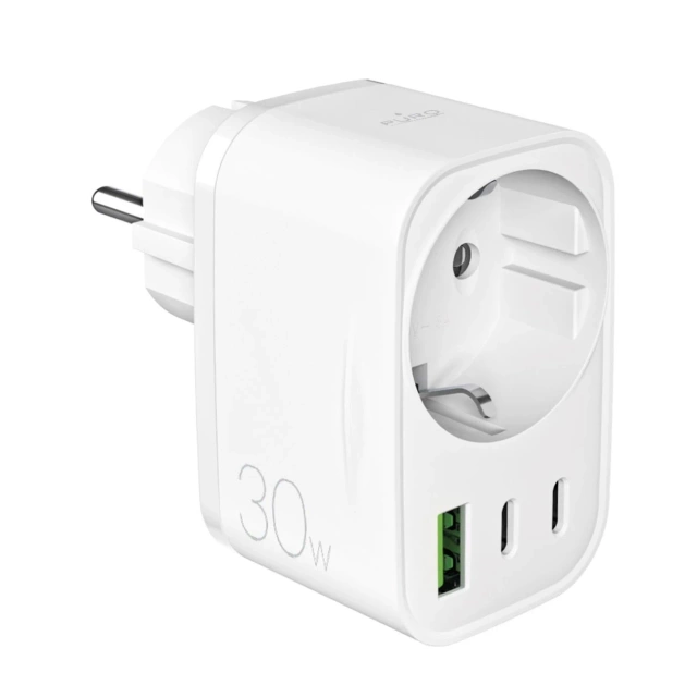 Ładowarka Puro 30W Power Delivery z gniazdem Schuko 2x USB-C + USB-A – biała
