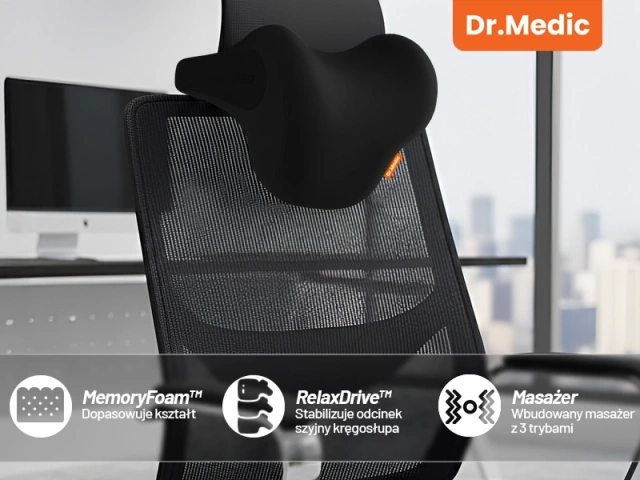Poduszka samochodowa masująca na zagłówek – ergonomiczne wsparcie głowy, karku i szyi, elektryczny masażer z wibracjami dla kierowcy i pasażera – Dr.Medic RelaxDrive™