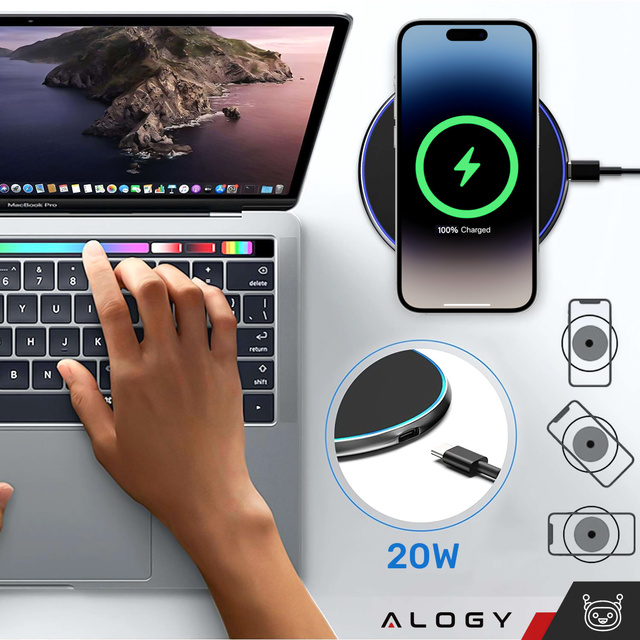 QI bezdrôtová indukčná nabíjačka 20W rýchla LED Alogy okrúhly silný USB-C kábel Čierny