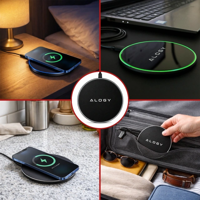 QI bezdrôtová indukčná nabíjačka 15W rýchla LED Alogy okrúhla pre iPhone USB-C kábel Čierny