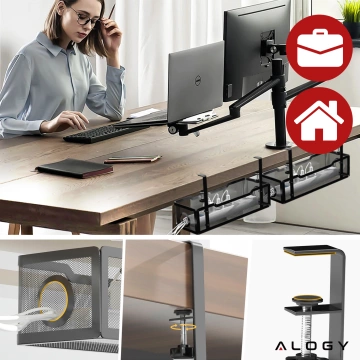 Organizér kabelů pod desku stolu, police na kabely, kabelové lišty, deska stolu, kovový stůl, Alogy 34cm Černá